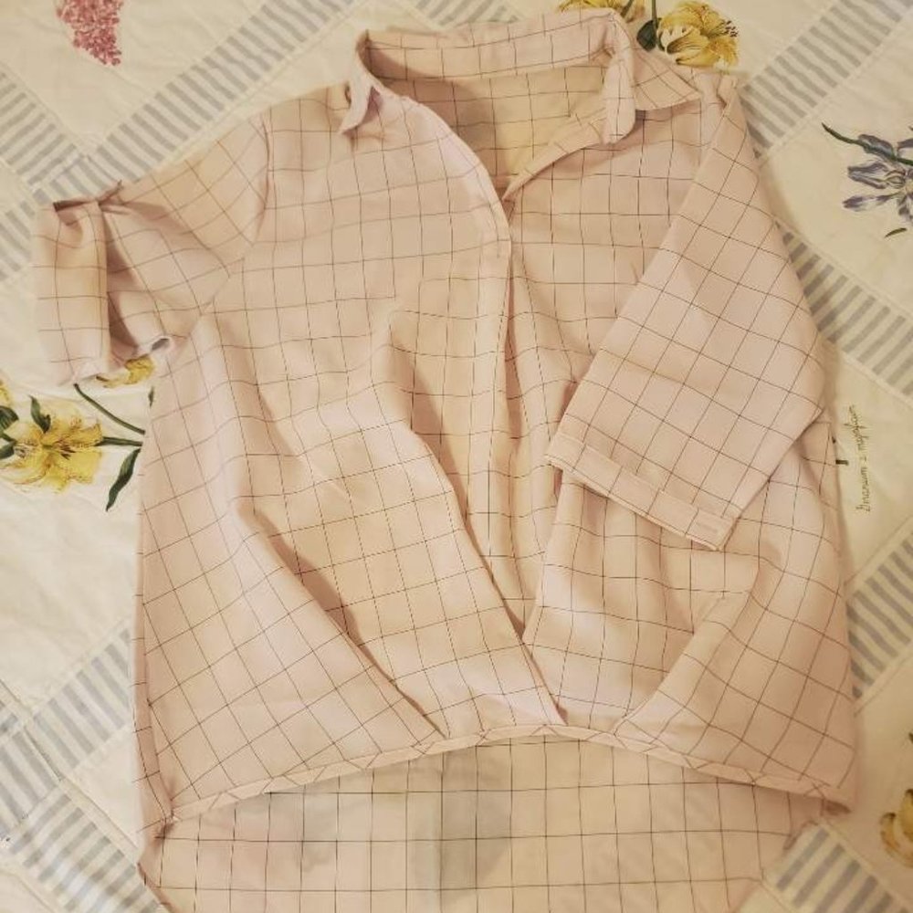 Korean Boutique Pink Check Blouse with Front Tuck